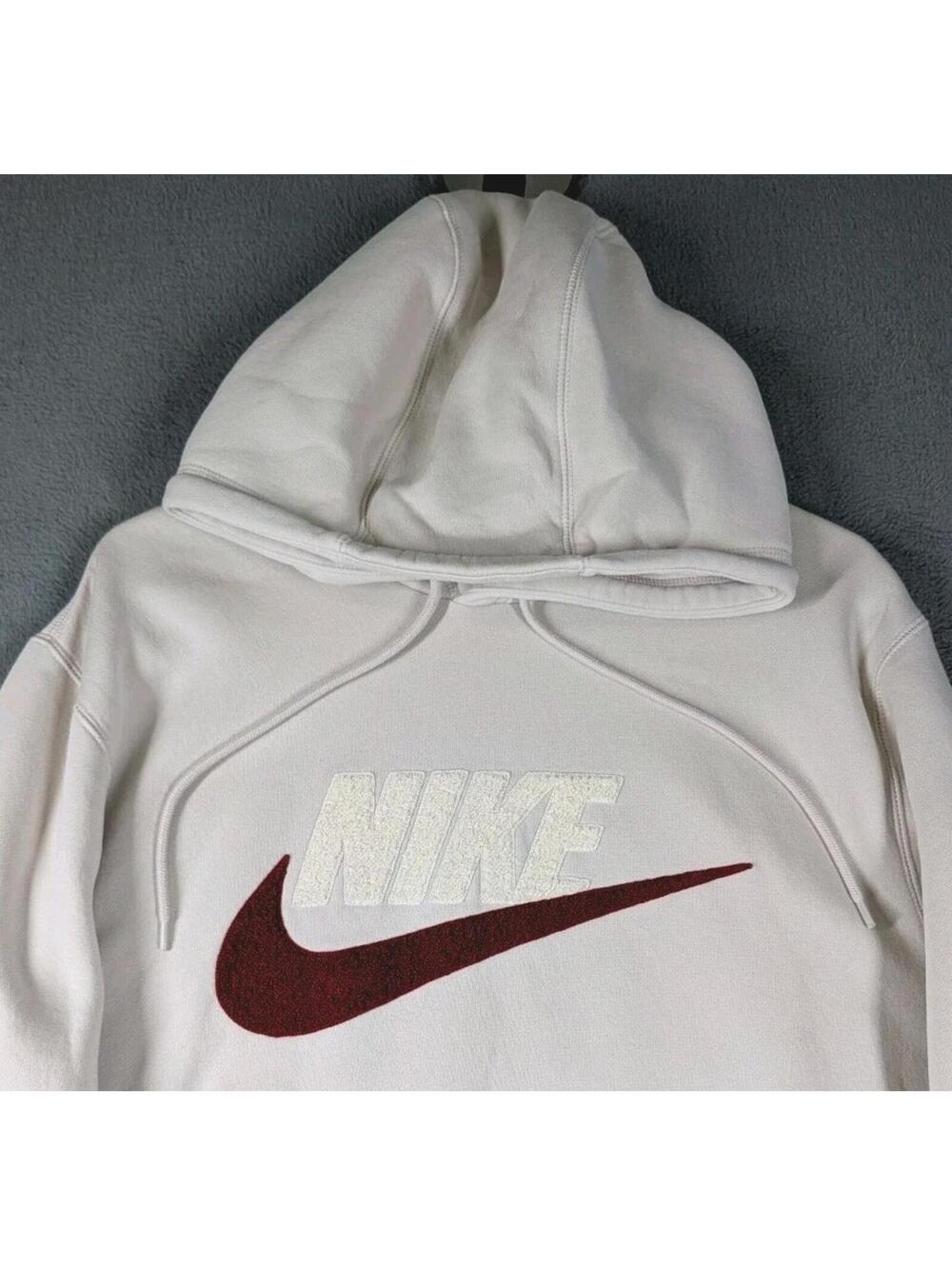 Nike Mens Large Cream Burgundy Swoosh Hoodie Pullover Fleece Streetwear Logo